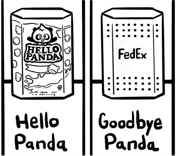 A cartoon with the caption Hello Panda on the left and another caption with a FedEx logo that says Goodbye Panda
