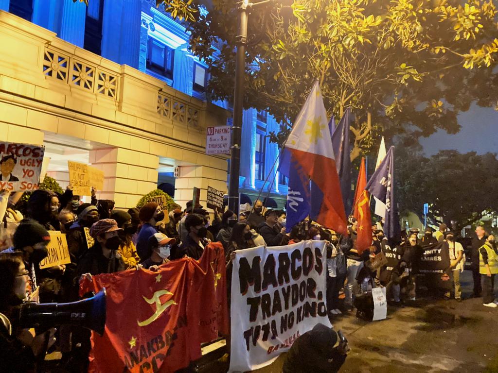 Anti-Marcos Filipinos protested outside of The Ritz-Carlton San Francisco on Marcos Jr.'s last night in the city, prompting his vehicle to separate from its convoy for shelter in a garage. Courtesy of Malaya Movement, APEC 2023, anti-APEC, ant-Marcos, No to APEC