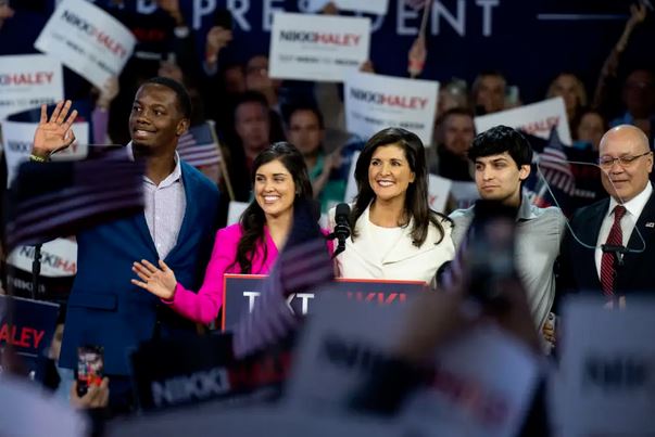 American presidential candidate Nikki Haley (center) and her family at her 2024 presidential campaign announcement