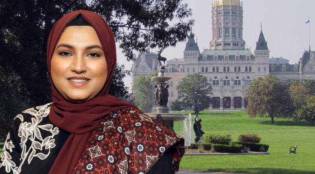 State Rep Maryam Khan is showin with the Connecticut state capitol building in the background