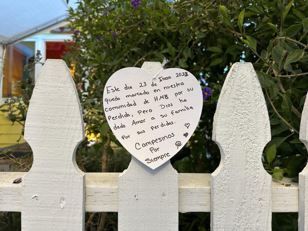 Messages at the Corazón del Campesino Memorial Evening at the Ayudando Latinos a Soñar (ALAS) Casita and Garden at 636 Purissima Street in Half Moon Bay, commemorating last year's shooting on Jan. 23, 2024