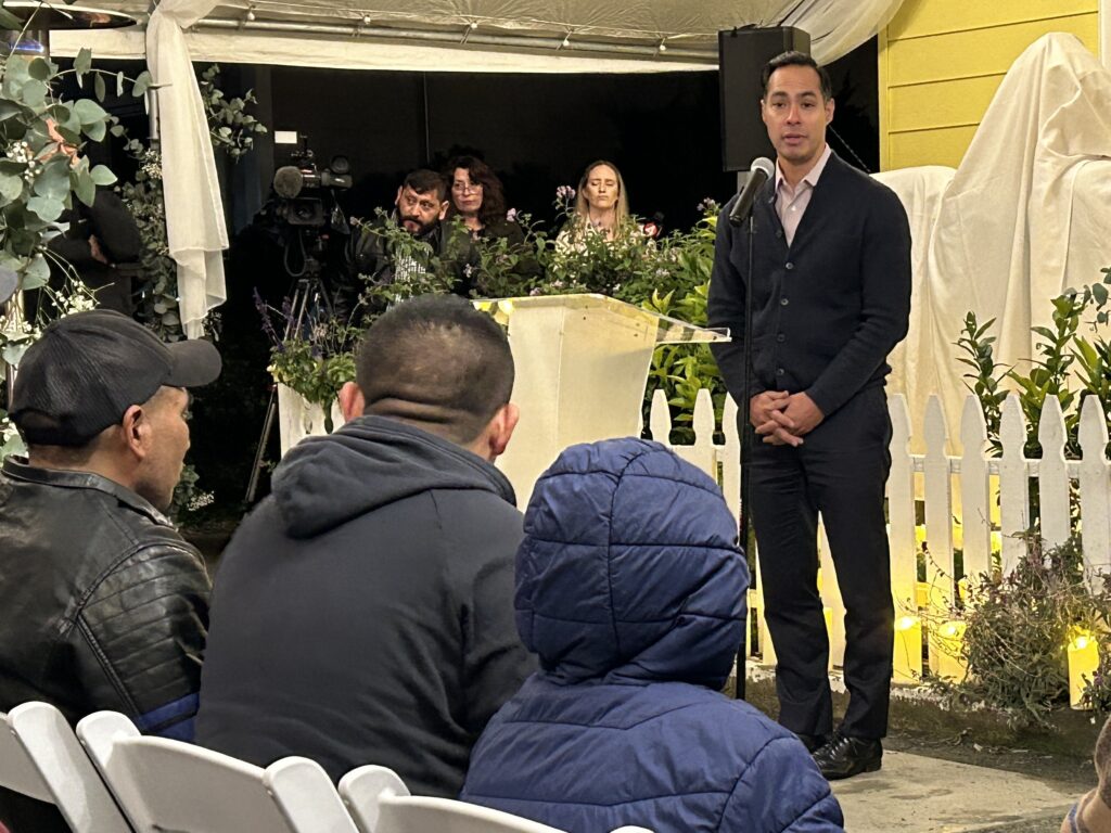 Texan Julian Castro, new CEO of the Latino Community Foundation, addressed the audience. Mushroom farmers, Half Moon Bay Shooting, Chunli Zhao, Corazón del Campesino Memorial Evening at the Ayudando Latinos a Soñar (ALAS) Casita and Garden at 636 Purissima Street, Jan. 23