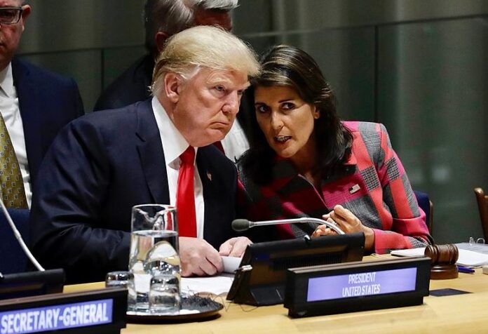 Donald Trump and Nikki Haley speak with each other at the United Nations in 2018