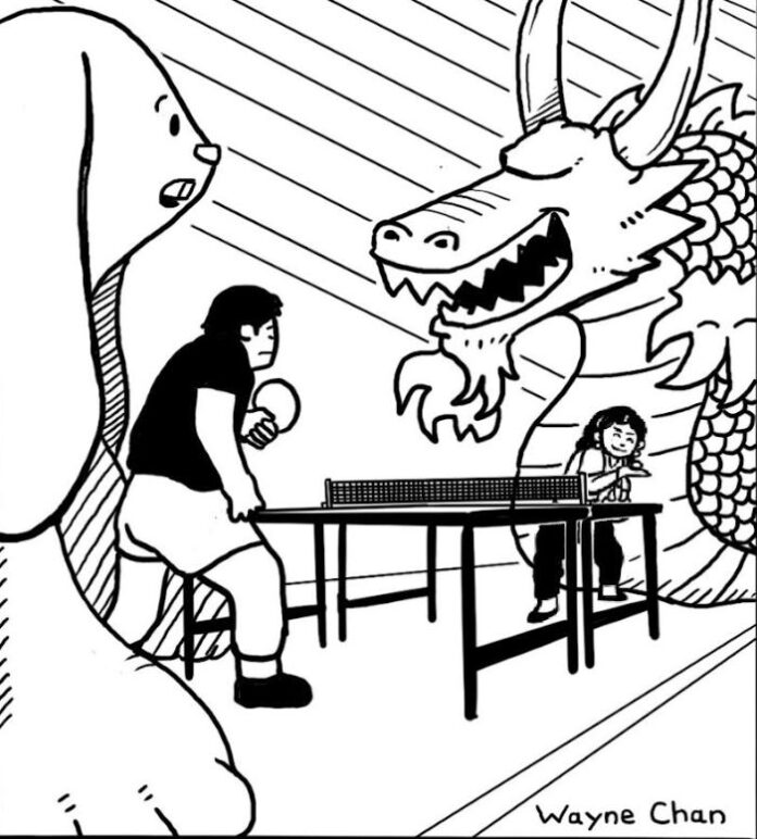 A dragon watches over two ping pong players