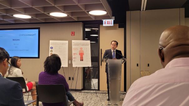 Paul Luu, CEO of the Chinese American Service League, the founding nonprofit of Change InSight, speaks during a press conference releasing the second annual Change InSight report