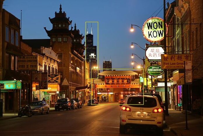 Nightime scene in Chicago Chinatown