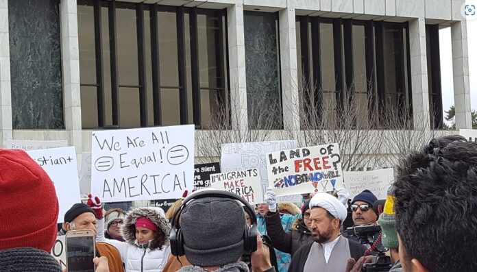 Demonstrations against Trump's January 2017 executive order on immigration, at Henry Ford Centennial Library, Dearborn, Michigan