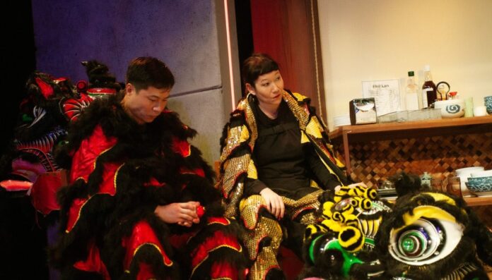 Lion dancers (Will Dao, Erin Mei-Ling Stuart) in San Francisco Playhouse's World Premiere Play 