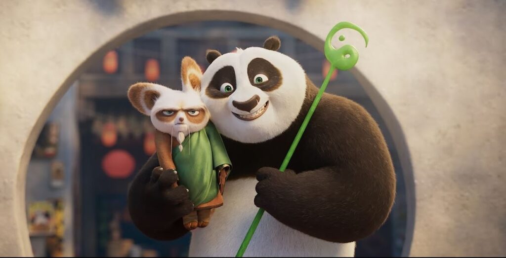 from left) Shifu (Dustin Hoffman) and Po (Jack Black) in DreamWorks Animation’s Kung Fu Panda 4, directed by Mike Mitchell.
