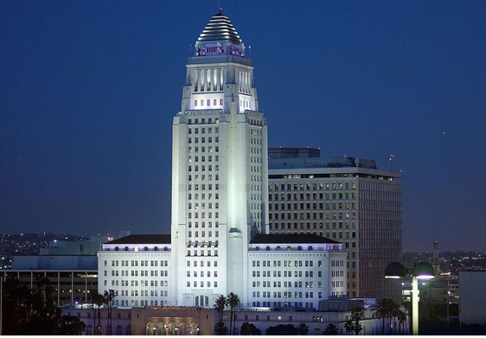 Exterior of Los Angeles City Hall at night