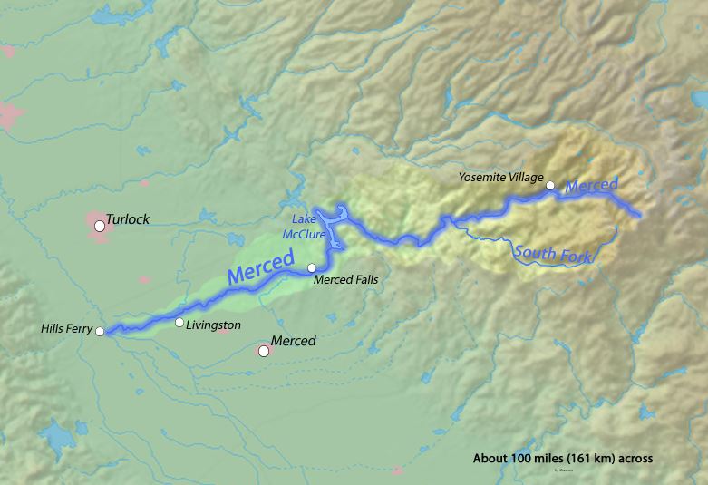 Map of Merced River shows it running from Merced through Yosemite Valley down past Livingston to Hills Ferry