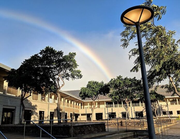 Rainbow over the University of Hawaii's Campus Center building.