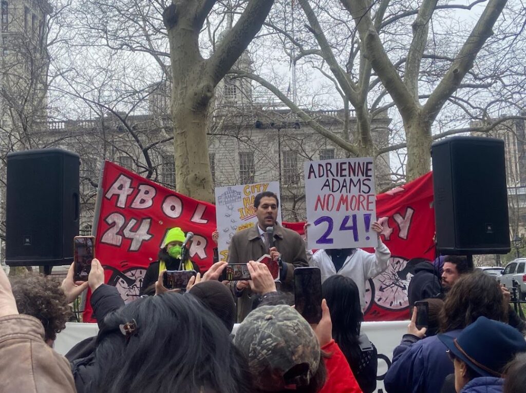  Councilman Christopher Marte speaks in solidarity with hunger strikers. 