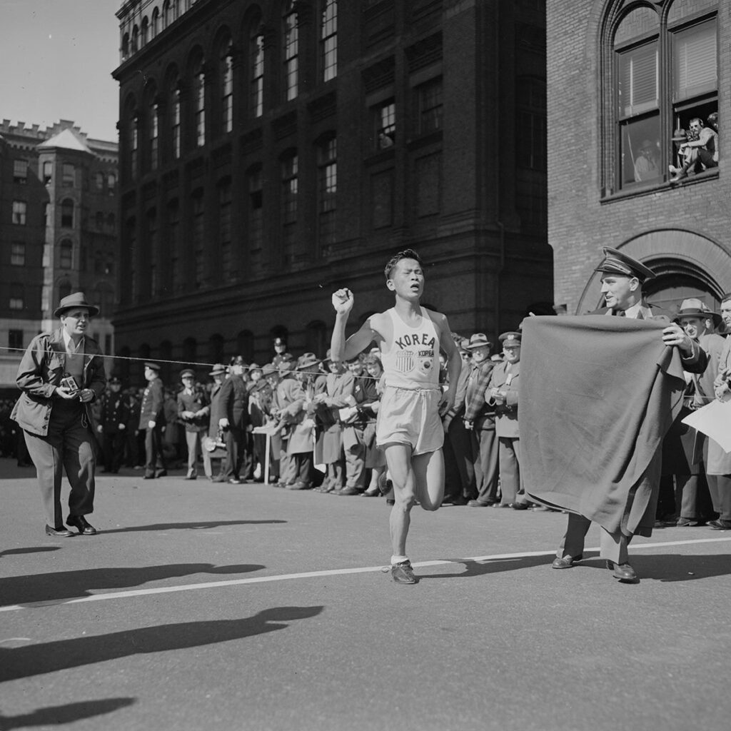 Suh Yun-bok crossing the finish line as the victor of the Boston Marathon on Saturday, April 19, 1947. Boston Marathon Facebook Page