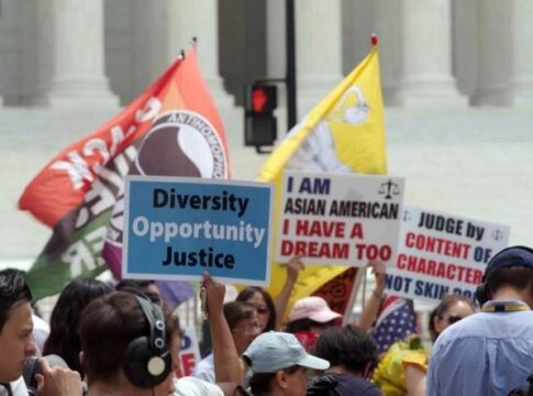 Supporters and opponents of affirmative action protest outside the U.S. Supreme Court