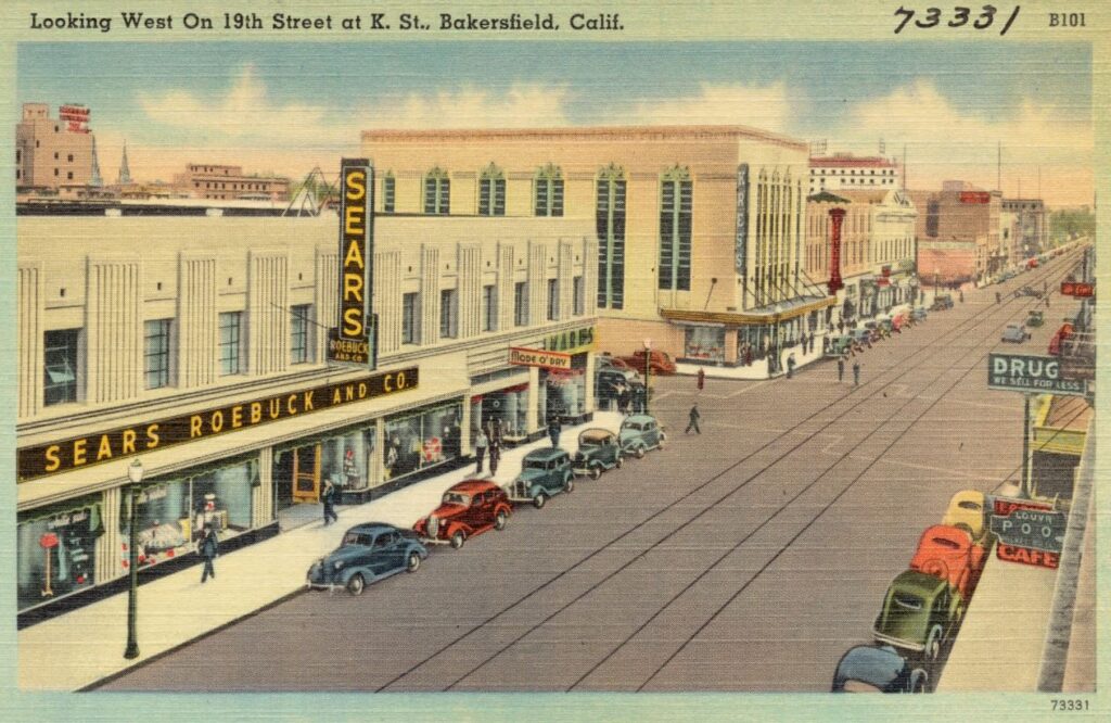 Looking west on 19th Street at K. St., Bakersfield, Calif.. 1930s-1945