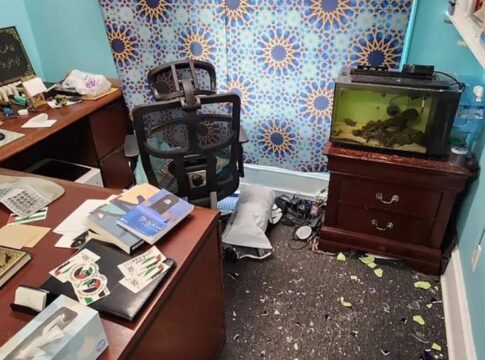 glass and debris serve as evidence of vandalism at the Center for Islamic Life at Rutgers University