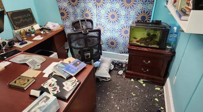 glass and debris serve as evidence of vandalism at the Center for Islamic Life at Rutgers University