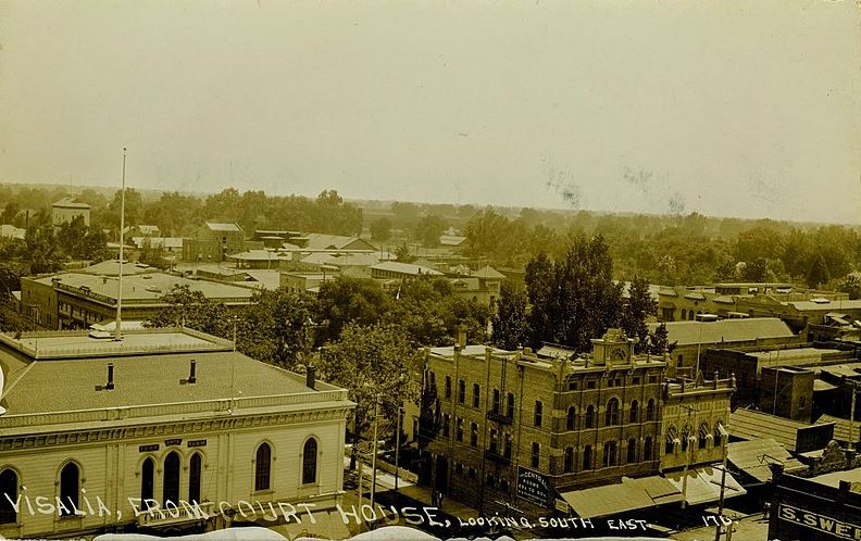 A view of Victorian Era Visalia from the Tulare County Courthouse looking southeast, Sol Sweet Company seen at bottom right