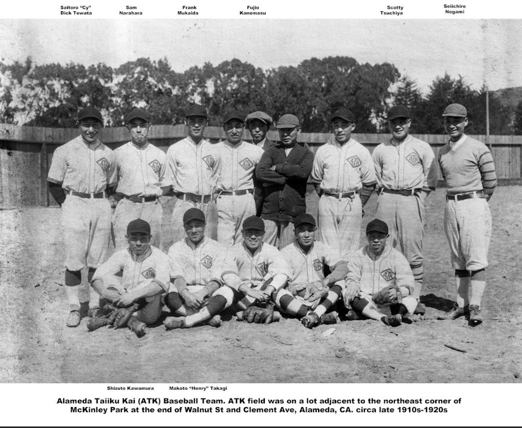 Alameda Taiiku Kai (ATK) Baseball Team. ATK field was on a lot adjacent to the northeast corner of McKinley Park at the end of Walnut St and Clement Ave, Alameda, CA. circa late 1910s-1920s
