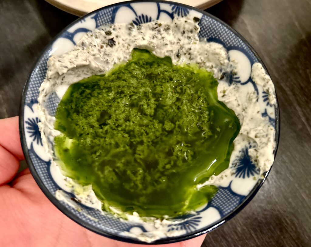 Chef Ji Hye Kim's kkaenip pesto, featured in Koreaworld and served up at her own restaurant Miss Kim in Ann Arbor. Photo by Jia H. Jung