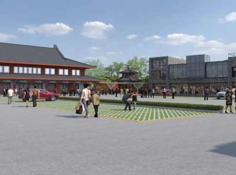 Rendering of Nashville Chinatown shows shoppers strolling through a large plaza