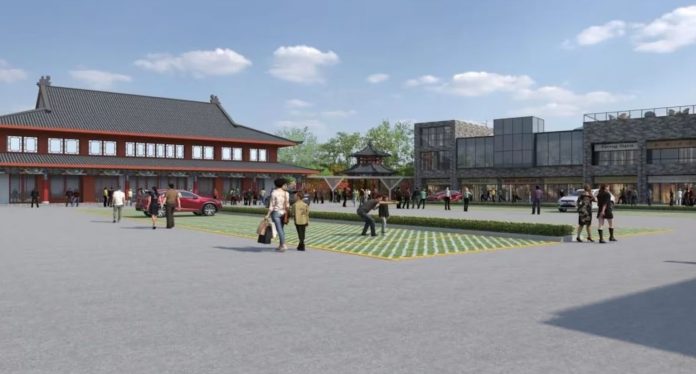 Rendering of Nashville Chinatown shows shoppers strolling through a large plaza