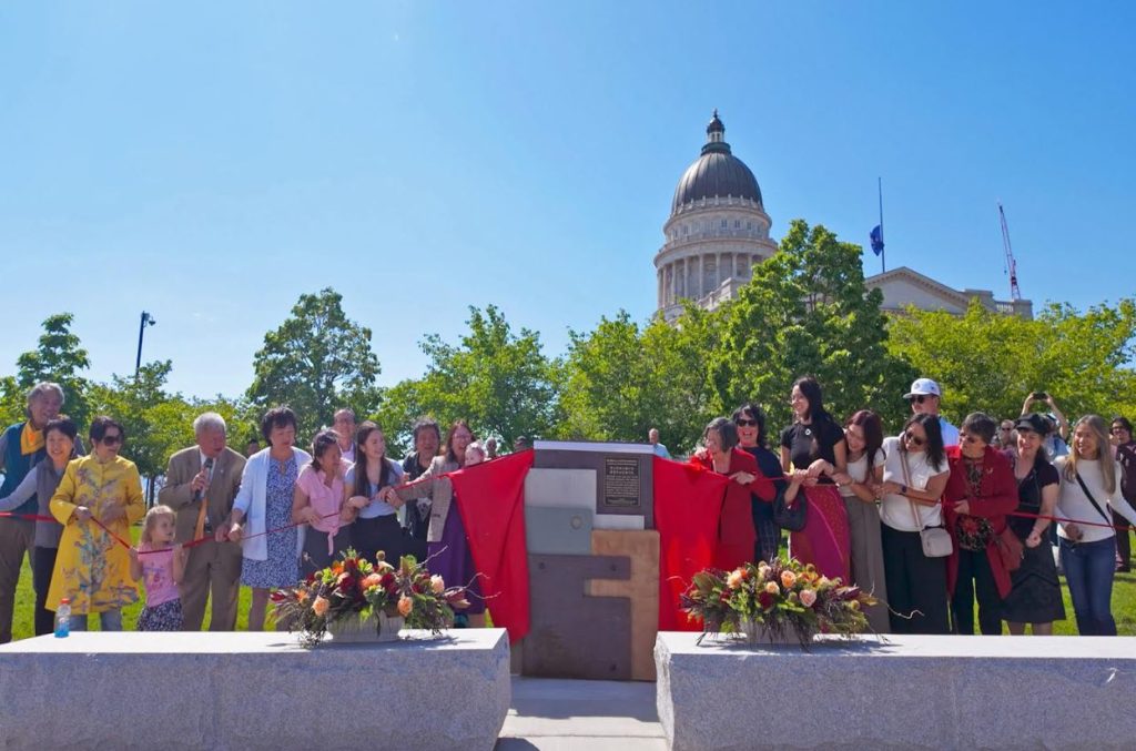 plaque commemorating the Chinese railroad workers is unveiled at the Utah State Capitol in May 2024