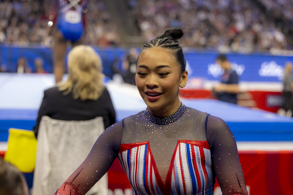 Suni Lee finds time to smile during the Olympic trials in Minneapolis in June 2024