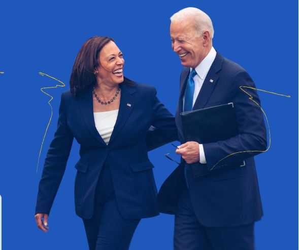 President Joe Biden and Vice President Kamala Harris smile broadly