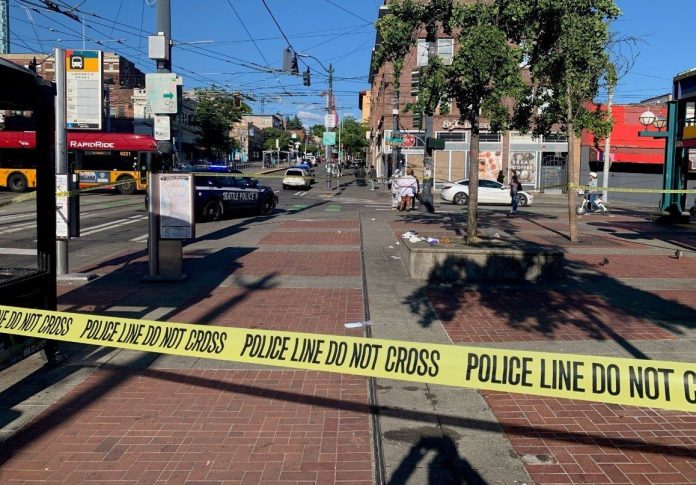 The crime scene of a Chinatown stabbing in Seattle on June 18, 2024