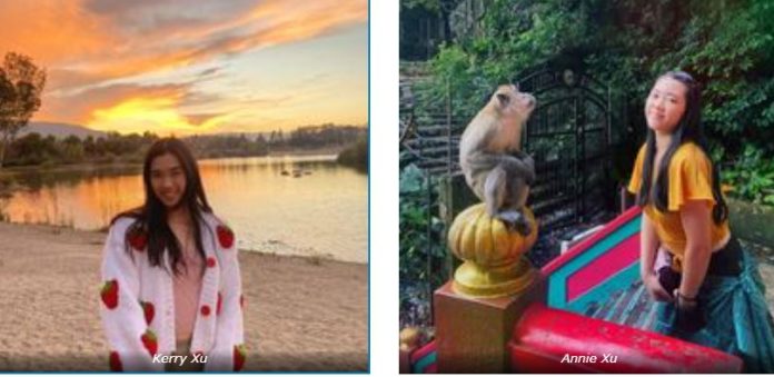 Annie Xu is seen at sunset on a beach. Kerry Xu is seen posing next to a statue