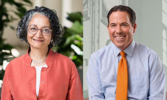 Profile photos of Geeta Aiyer, President and Founder of Boston Common Asset Management, and Bob Rivers, Executive Chair and Chair of the Board of Directors at Eastern Bank.