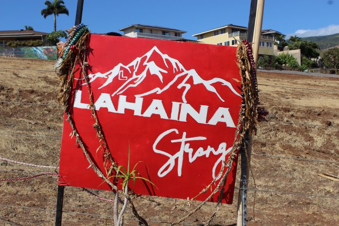 A red sign that says Lahaina Strong along Lahaina's highway.