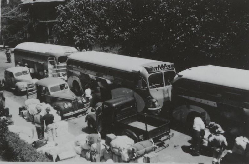 Bus at First Congregational Church waiting to take Japanese Americans to Tanforan Courtesy: U.C. Berkeley, Bancroft Library