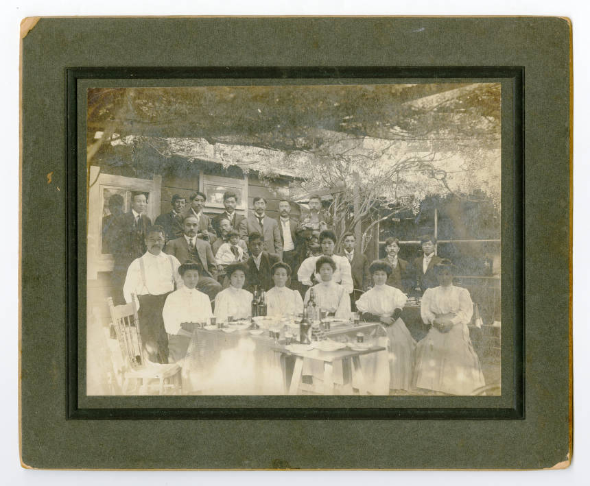 Family photograph in a garden.