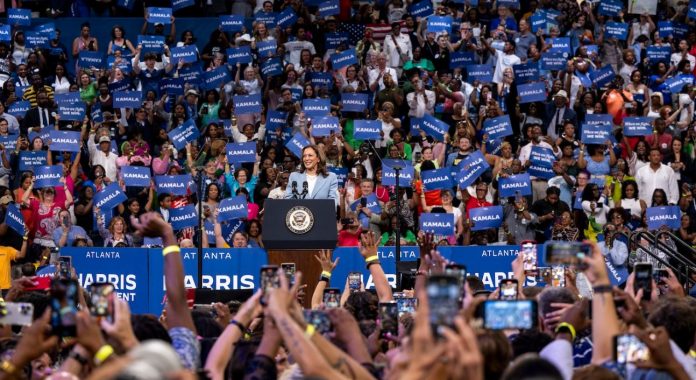 Thousands cheer Kamala Harris at a campaign rally in Georgia