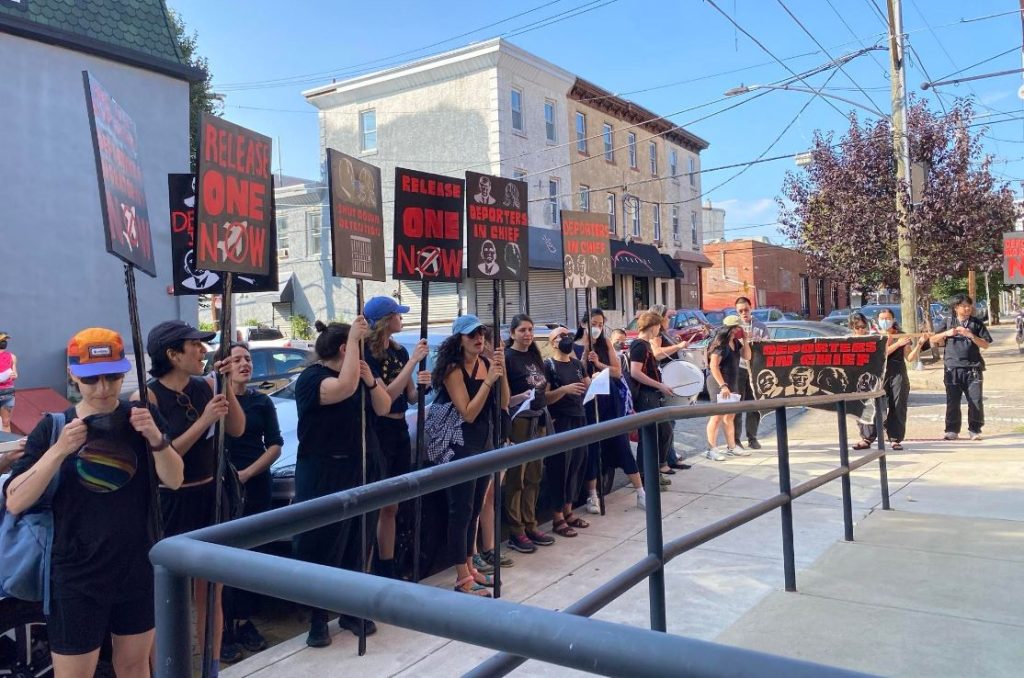 Protesters gather outside the Harris-Walz campaign office in Philadelphia in support of the sit in. 