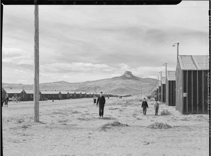 Heart Mountain Relocation Center, Heart Mountain, Wyoming. "Symbolic Heart Mountain towers at the end of "F" Street, the main thoroughfare of the Heart Mountain Relocation Center."