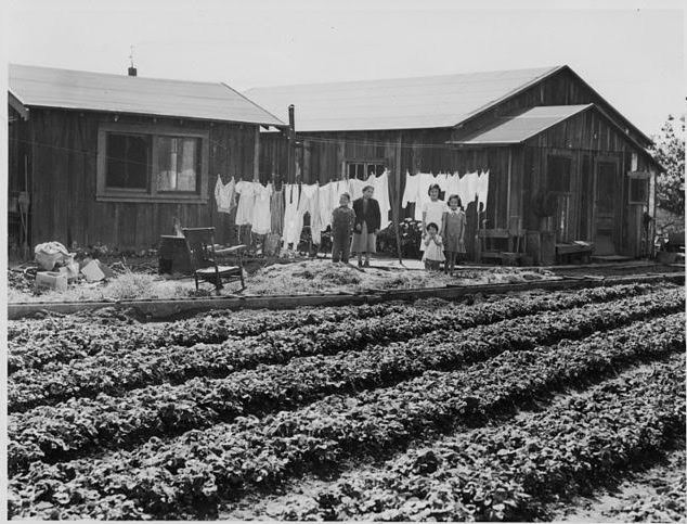 Family at their ranch house with strawberry field in 1942 via Library of Congress.