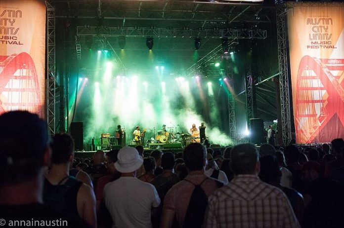 A scene from Austin City Limits with band playing under the lights