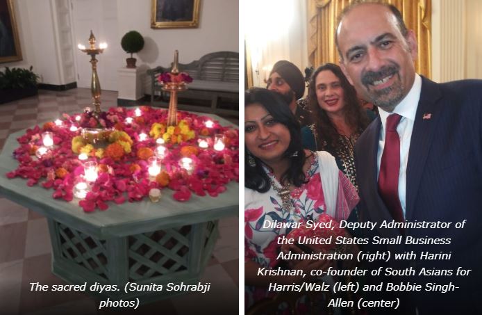 Diwali candles and celebrants at the White House-Dilawar Syed, Deputy Administrator of the United States Small Business Administration (right) with Harini Krishnan, co-founder of South Asians for Harris/Walz (left) and Bobbie Singh-Allen (center)