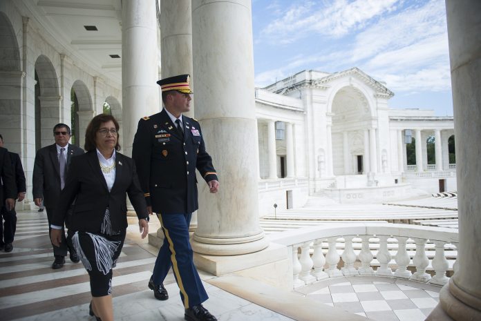 Republic of the Marshall Islands president Dr. Hilda C. Heine; and Col. Jerry Farnsworth, walking through the Memorial Amphitheater at Arlington National Cemetery, Arlington, Va., on Sept. 12, 2017. Photo by Elizabeth Fraser / Arlington National Cemetery