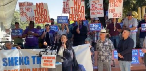 Oakland Mayor Sheng Thao leads a rally against her recall