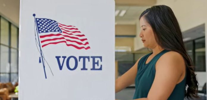 This ad shows an Asian American woman casting her vote