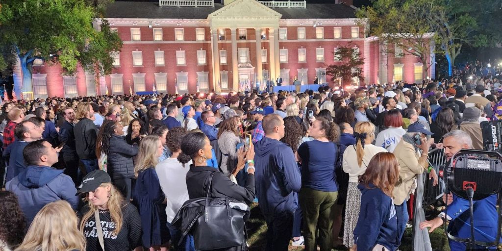 A packed crowd at Howard University anxiously awaits the election results. 