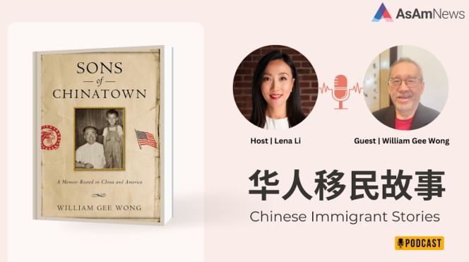 Sons of Chinatown book cover with photos of podcast host Lena Li and author William Wong