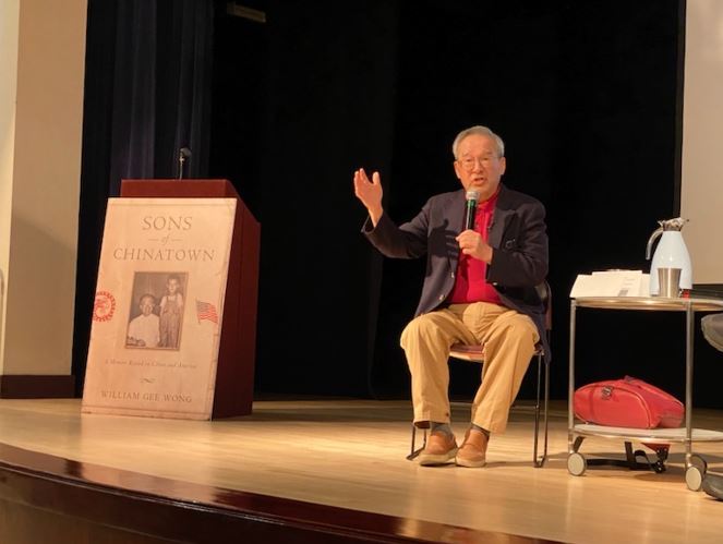 William Gee Wong is seen on stage discussing his book, Sons of Chinatown