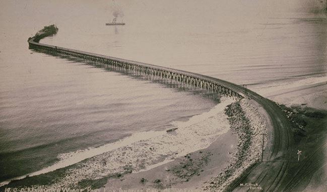 Mammoth wharf, known as the Long Wharf, was 4700 feet long with the first pile driven July 26, 1892.