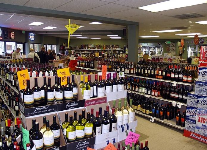 shelves stocked with liquor